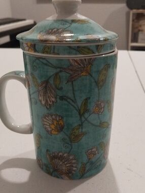 Cost Plus World Market Teal Floral Lidded Ceramic Mug